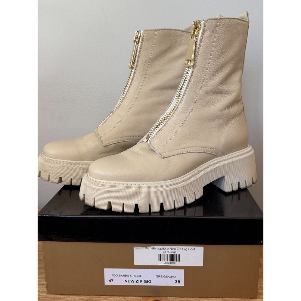 Michele Lopriore New Zip Gig Boots Italian Leather Cream Ivory Gold Zipper 39